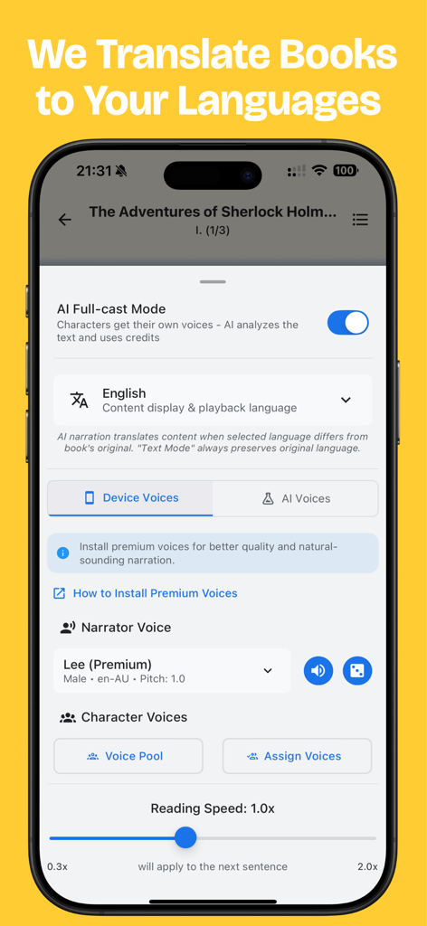 BookNPC - AI TTS eBook Reader - Interface móvel do BookNPC para traduzir eBooks e atribuir vozes de IA a personagens
