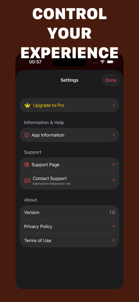 Rodent Repellent - Settings menu of the Rodent Repellent app displaying options for pro upgrade support and app information