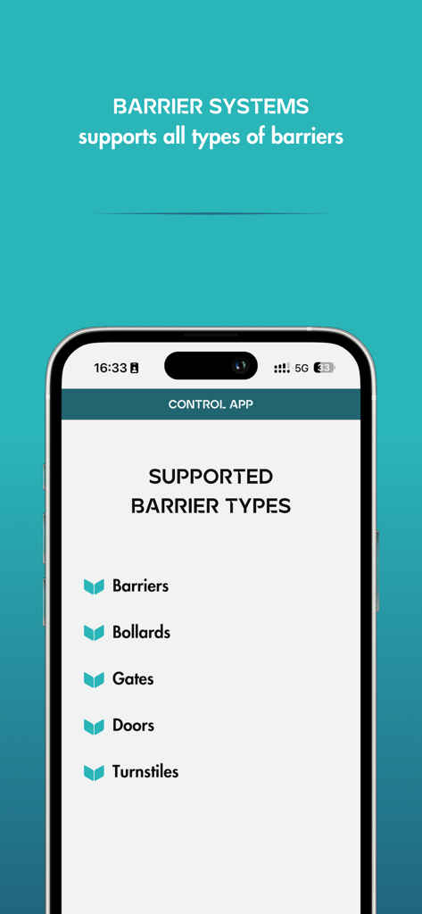 Screenshot di BarrierSystems ControlApp che mostra un elenco di tipi di barriere supportate, inclusi barriere, dissuasori, cancelli, porte e tornelli.