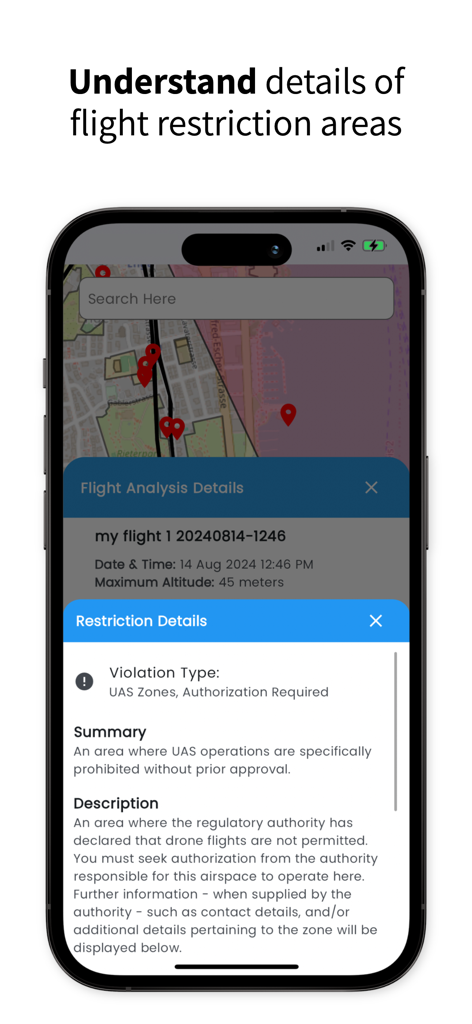 SkyGuard for Drones - SkyGuard app interface showing detailed drone flight restrictions and UAS zone violation information on a map.