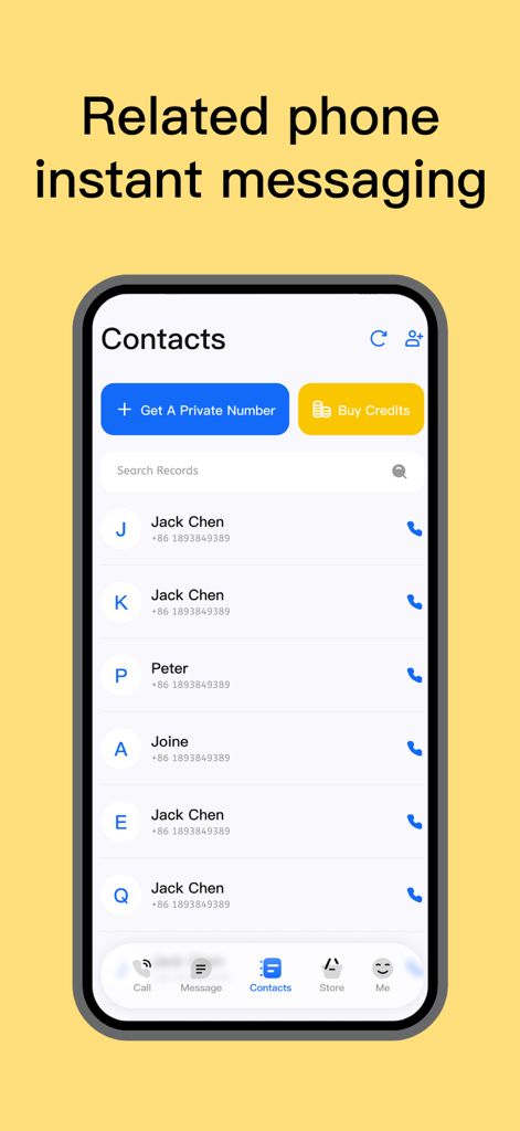 Skycaller:Unlimited Call&Text - Skycaller app contacts interface showing a list of names and phone numbers with options to get a private number and buy credits