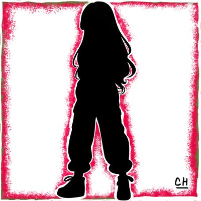 girl in baggy pants crop top and long hair