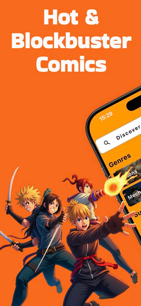 MangaToon - From MangaDex - MangaToon app showing blockbuster comics and popular anime genres on a smartphone