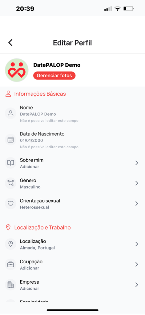 DatePALOP - The edit profile screen of the DatePALOP dating app showing user details like name, gender, and location.