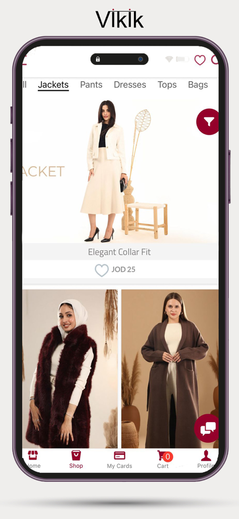 Vikik - Interface do aplicativo de compras de moda Vikik exibindo jaquetas femininas da moda e vestuário