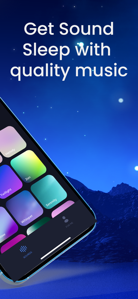 Insomnia Relief - Sleep music - Interface de l'application Soulagement Insomnie montrant diverses catégories de sons de sommeil comme Zen et Sérénité sur fond de nuit étoilée