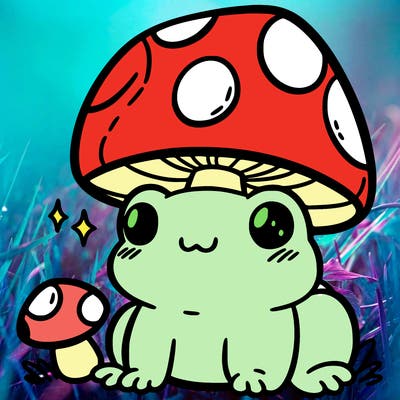 a cute frog with a mushroom hat