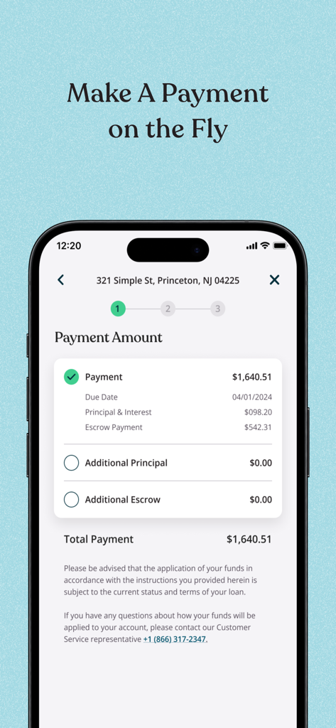 Smartphone screen showing the Newrez app interface for making a mortgage payment.