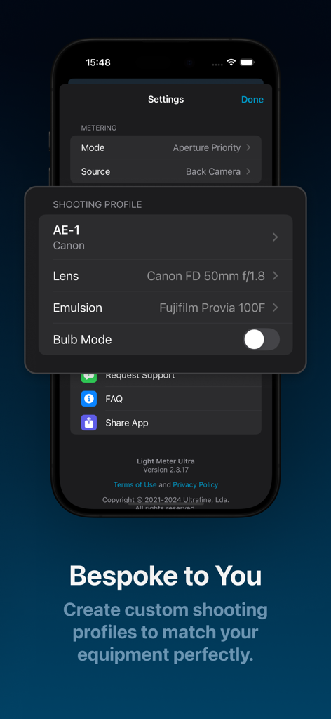 Interface de l'application Light Meter Ultra montrant des profils de prise de vue personnalisés pour un appareil Canon AE-1 et une émulsion Fujifilm Provia