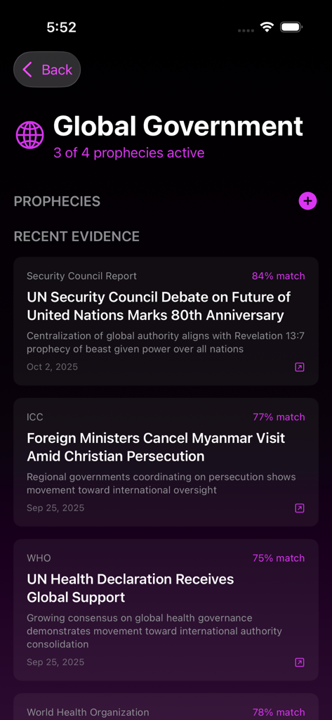 Panel de la aplicación RaptureX que muestra evidencia de noticias para profecías de gobierno global con puntuaciones de coincidencia porcentual.