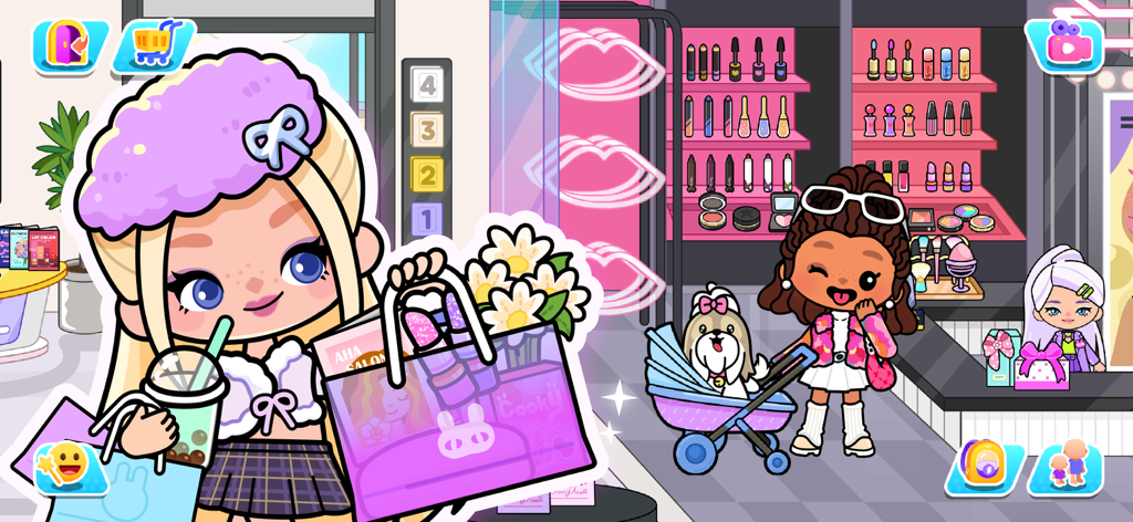 Characters shopping for makeup and accessories in a vibrant mall setting within Aha World.