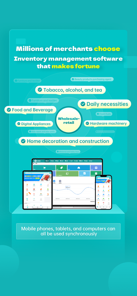 App Stofa per gestione inventario e fatture che mostra supporto multi-settore e sincronizzazione cross-platform su smartphone, tablet e computer
