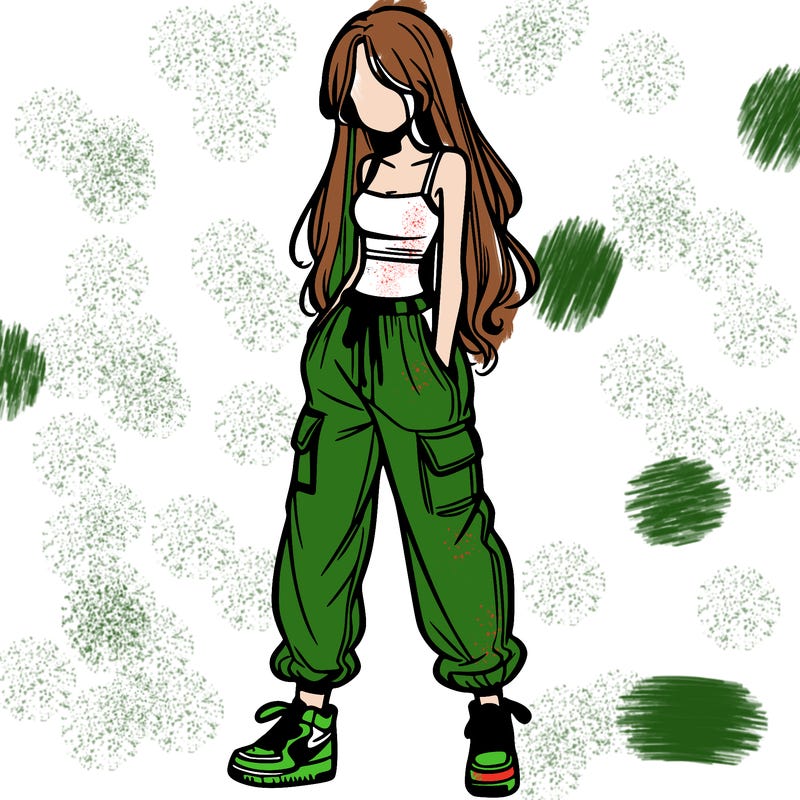 girl in baggy pants crop top and long hair