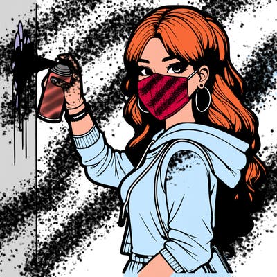 realistic girl with mask spray painting a wall