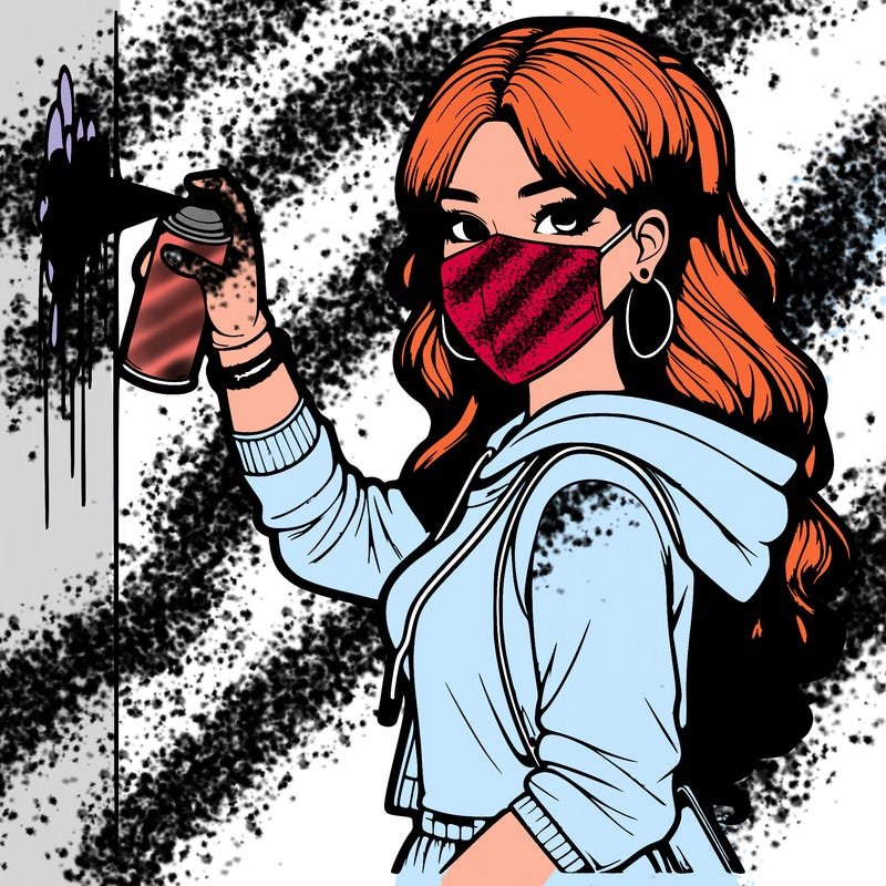 realistic girl with mask spray painting a wall