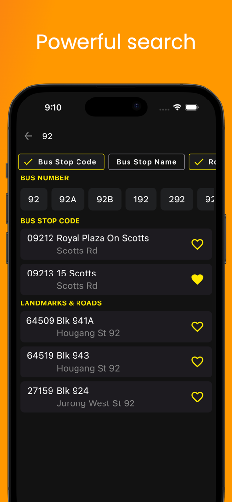 SG Bus Buddy app search interface showing results for bus stops and service numbers in dark mode