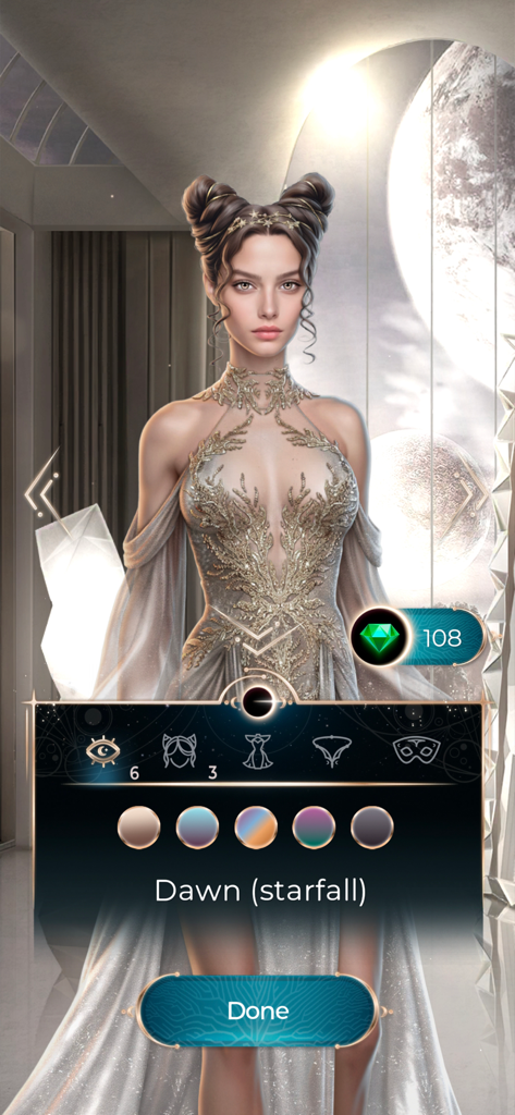 League of Dreamers - My Story - Character customization screen in League of Dreamers showing a female character in an elegant gown.