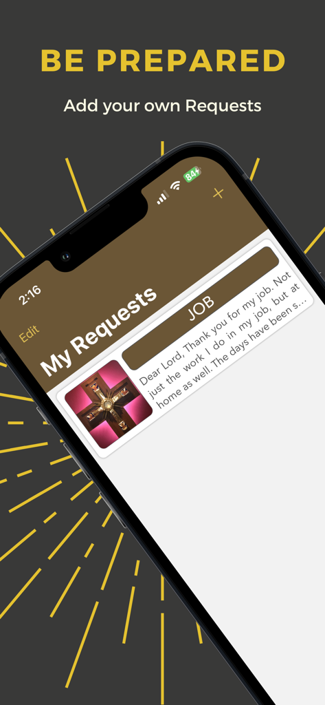 Padre Pioアプリのスクリーンショット。ユーザーが個人的な祈りと写真を追加できる「My Requests」機能が表示されます。