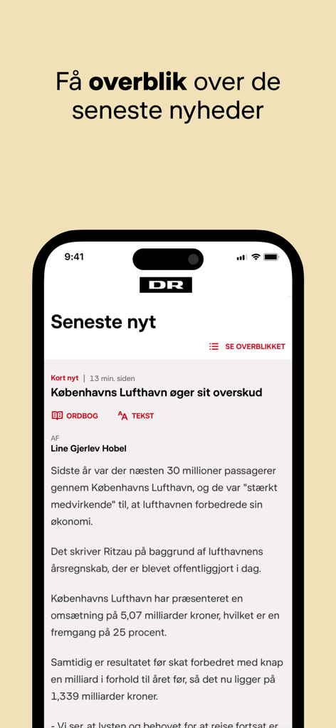 iPhone 화면에 덴마크어 DR Nyheder 앱의 최신 뉴스 피드가 표시됨