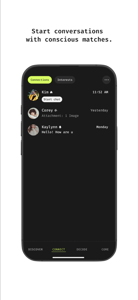 Sacrena - Sacrena app chat interface showing a list of matches for conscious conversations