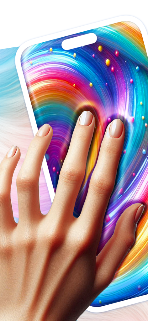 ASMRストレス解消のために、スマホ画面上のカラフルに渦巻くスライムと触れ合っている手