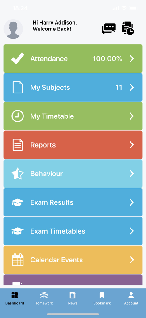 Bromcom Student App - Bromcom Student App dashboard showing student attendance timetable and exam results