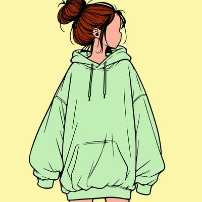 realistic girl with a oversized sweatshirt on and a bun