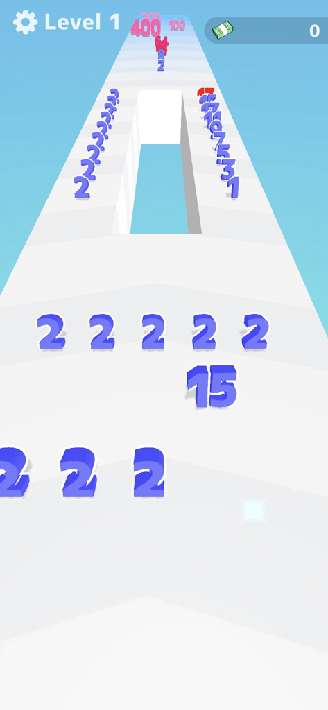 Number Master: Run and merge - Jugabilidad de Number Master que muestra un número quince azul corriendo en un circuito 3D para fusionarse con números más pequeños.