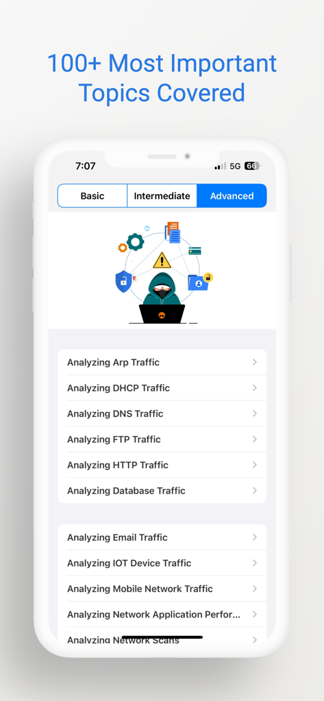 Advanced network analysis topics list in the Learn Wireshark mobile application