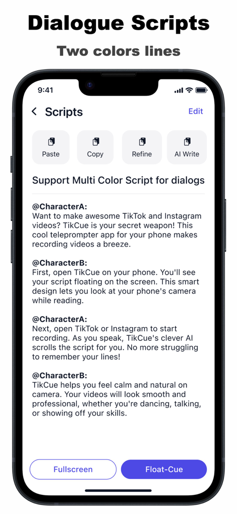 Teleprompter TikCue - Teleprompter TikCue interface showing a multi-color dialogue script editor for creators and professionals.