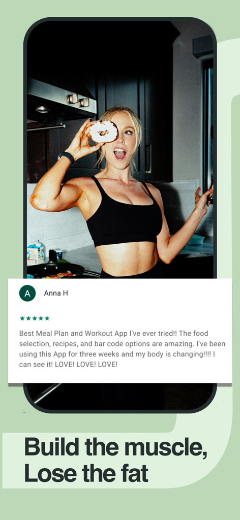 StrongrFastr Diet+Fitness AI - Positive user review for StrongrFastr fitness app highlighting muscle building and fat loss results