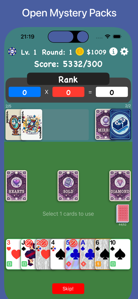 JokerPoker - Balala - Gameplay of JokerPoker Balala showing a selection of mystery card packs for deck building