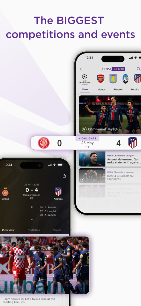 The beIN SPORTS app displaying soccer highlights and live match results on a smartphone.