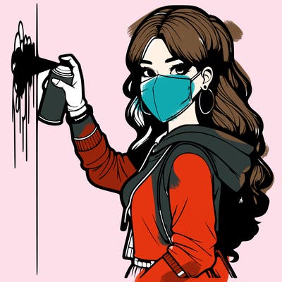 realistic girl with mask spray painting a wall