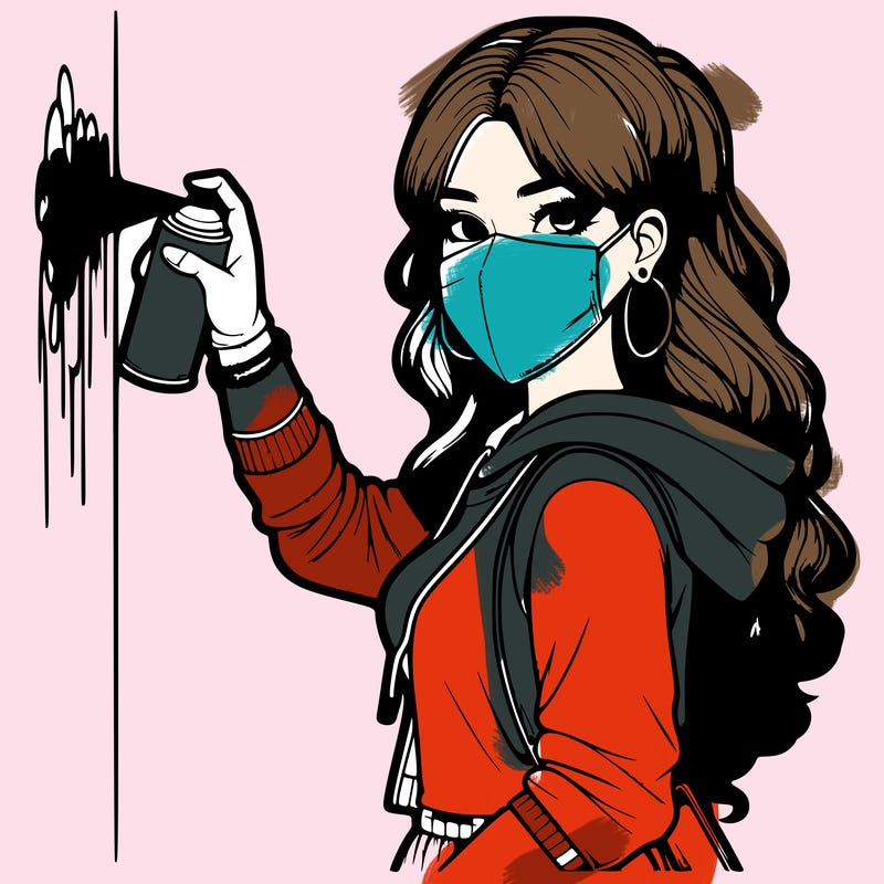 realistic girl with mask spray painting a wall