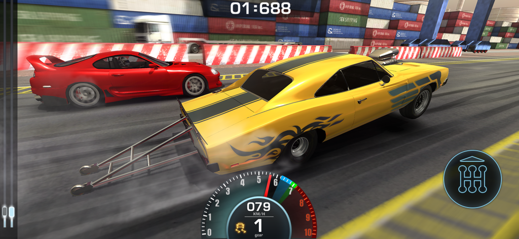 Drag Battle: Race Car Games 3D - A yellow muscle car performing a wheelie during a competitive drag race