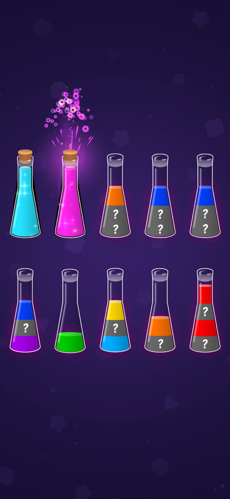 Color Water Sort: Puzzle Game - Juego de Color Water Sort que muestra tubos de ensayo con líquidos vibrantes y capas misteriosas ocultas.