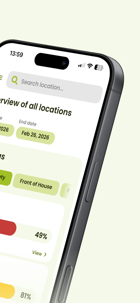 Food Safety Guru - Food Safety Guru app displaying multi site compliance overview and scores on a mobile screen