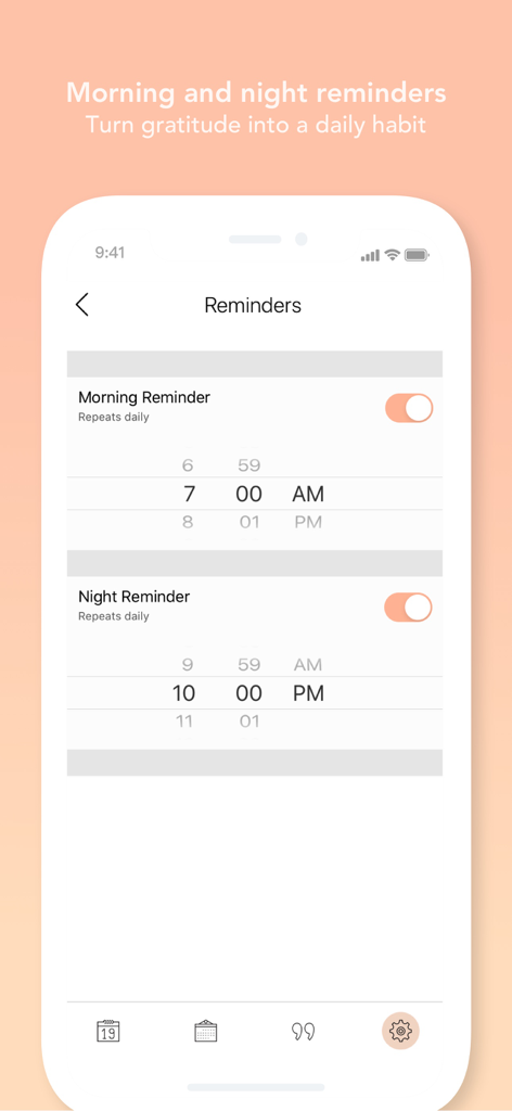 Morning! - Gratitude Journal - Morning! App-Oberfläche, die Einstellungen für morgendliche und abendliche tägliche Erinnerungen für das Dankbarkeitstagebuch zeigt.