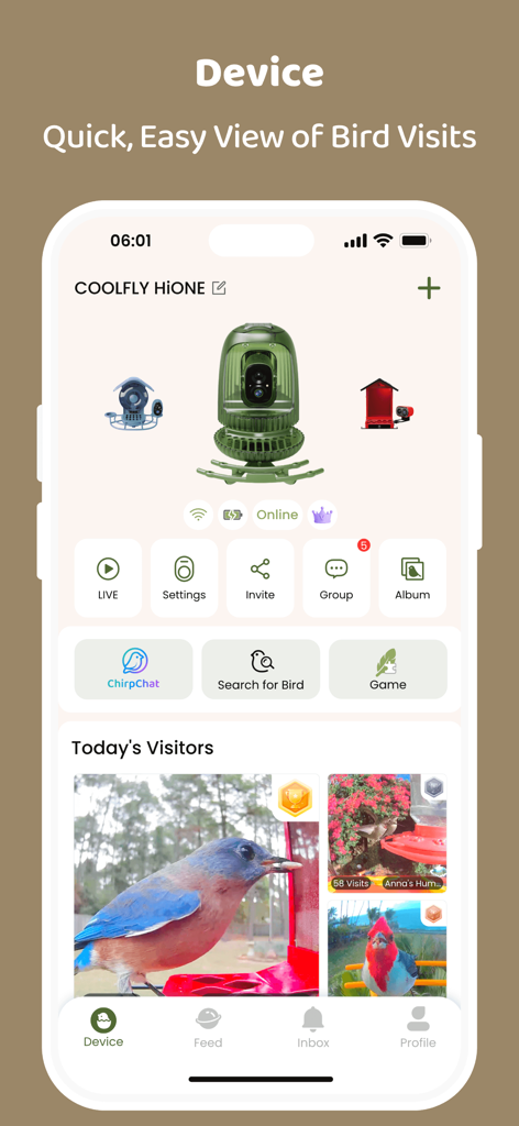 COOLFLY: Birding & Connection - The device dashboard of the COOLFLY app showing a connected smart bird feeder and photos of recent bird visitors.