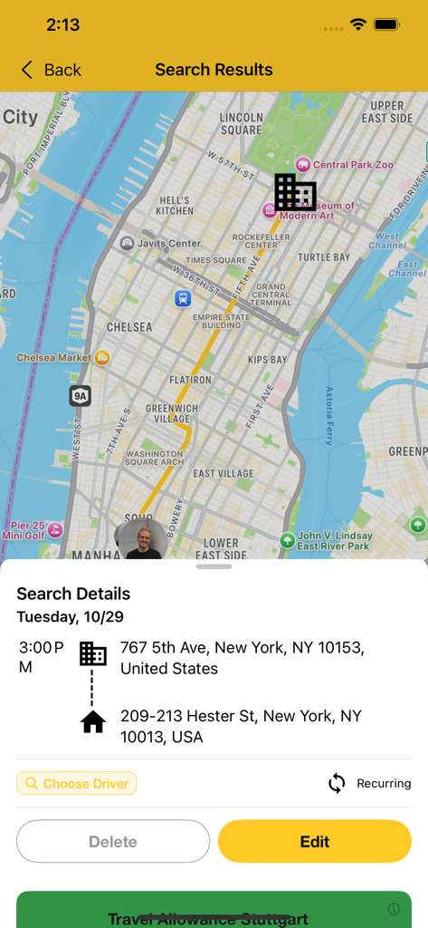 RideBee - RideBee app interface showing carpool search details and a map of a commute route in New York City.