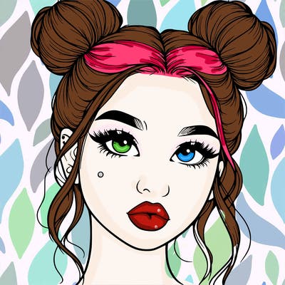 realistic girl with two buns on her hair and lips
