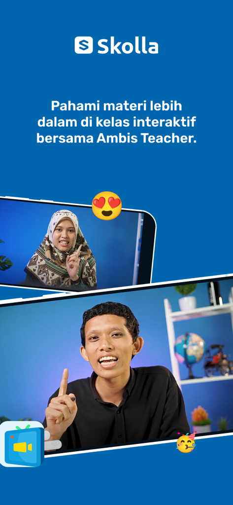 Dois professores apresentando aulas em vídeo interativas no aplicativo educacional Skolla