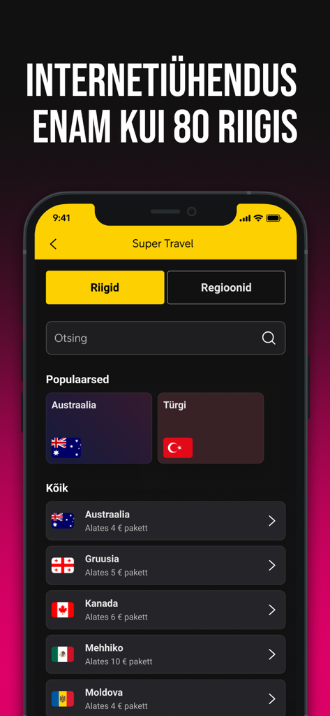 Super Travel App-Oberfläche mit internationalen eSIM-Datentarifen für verschiedene Länder.