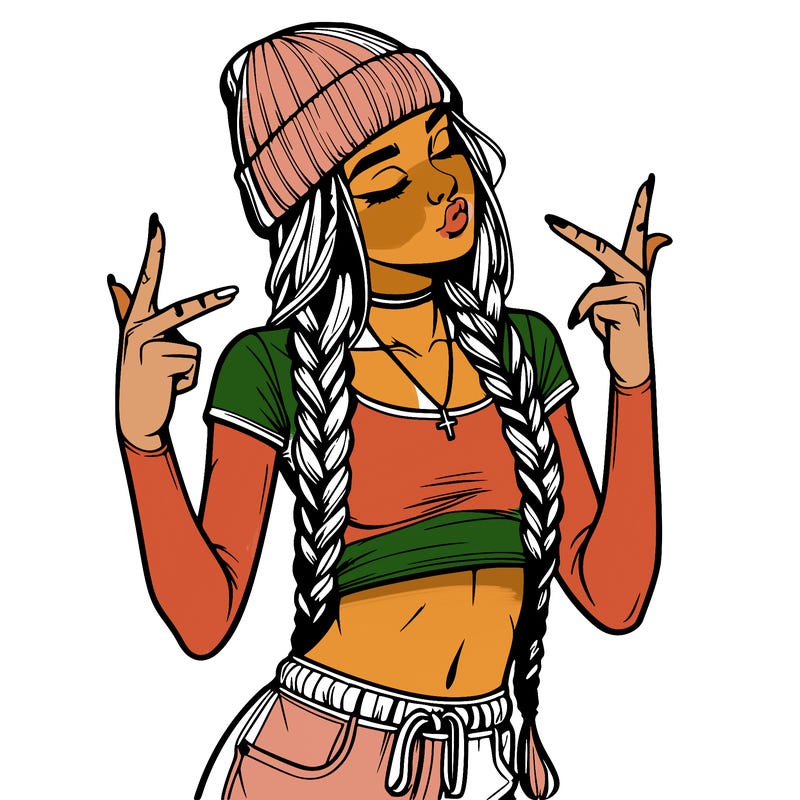 realistic teenage girl with braids and a beanie and crop top doing 🫶🏼