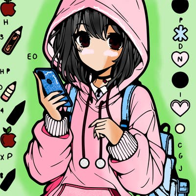 anime girl holding a phone and wearing a hoodie in a emo fase