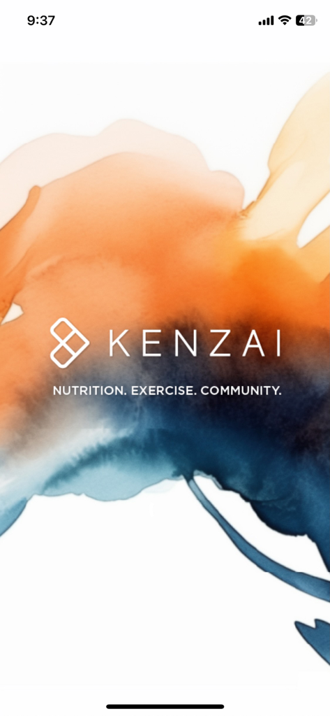 Kenzai Fitness and Nutrition app splash screen with logo and tagline on an abstract orange and blue watercolor background