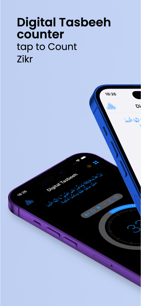 Digital Tasbeeh Counter and Zikr app interface featuring light and dark modes on mobile screens