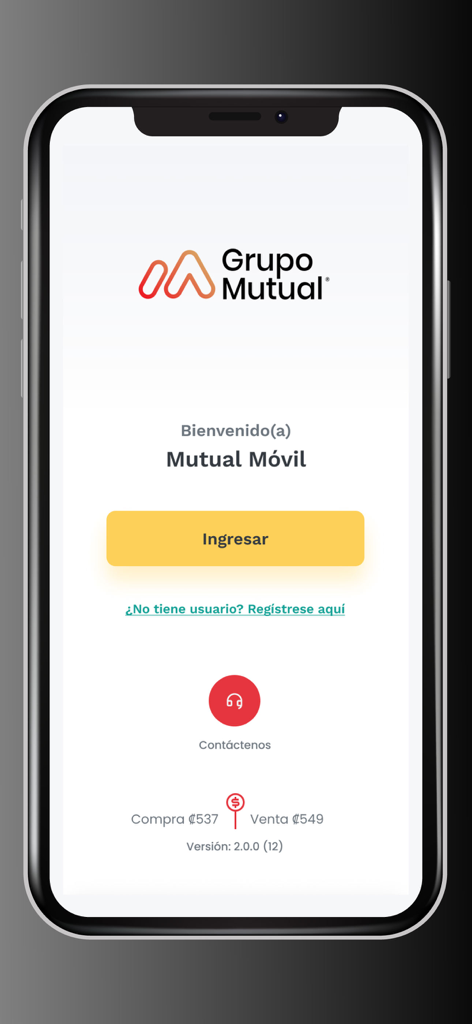 Mutual Movil app welcome and login screen showing Grupo Mutual logo