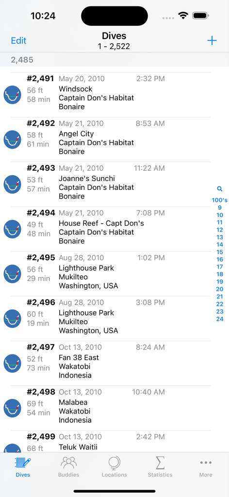 Dive Log - A detailed list of logged SCUBA dives showing depth, duration, and global locations within the Dive Log app